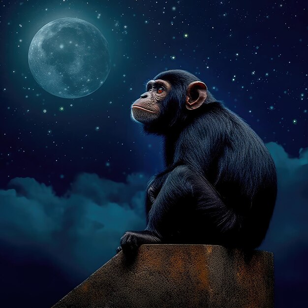 Brooding primate sits on top of a cliff contemplating a cosmic symphony philosophical intelligent Generative AI