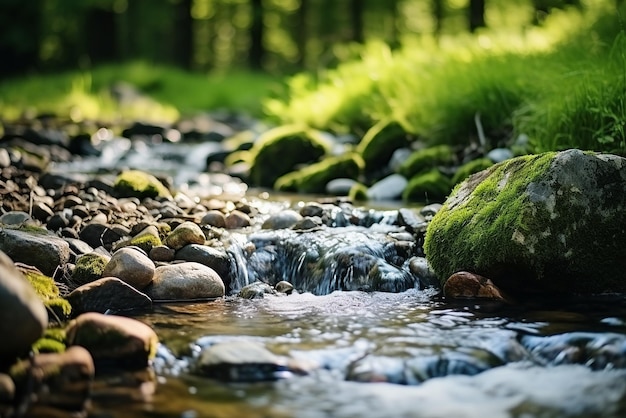 A brook that flows through a forest and on its banks a lot of greenery