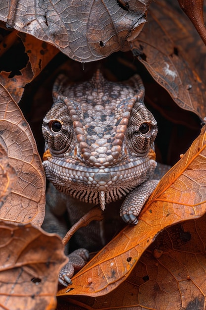 A Brookesia Micra one of the smallest chameleons nestled in the leaf litter of Madagascar