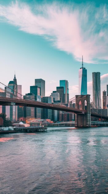 Brooklyn bridge with lower manhattan skyline panorama in the morning with cloud and blue sky over