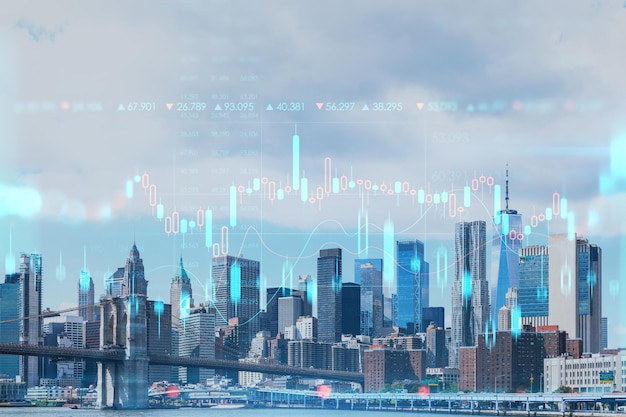 Brooklyn bridge with New York City Manhattan financial downtown skyline panorama at day time over East River Forex graph hologram The concept of internet trading brokerage and fundamental analysis