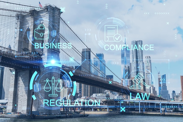 Brooklyn bridge with New York City Manhattan financial downtown skyline panorama at day time over East River Glowing hologram legal icons The concept of law order regulations and digital justice