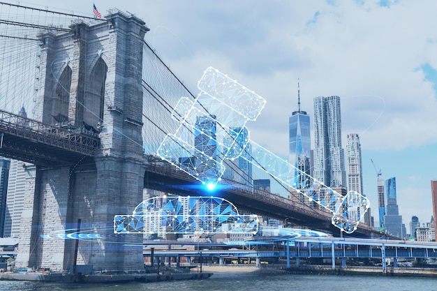 Brooklyn bridge with New York City Manhattan financial downtown skyline panorama at day time over East River Glowing hologram legal icons The concept of law order regulations and digital justice