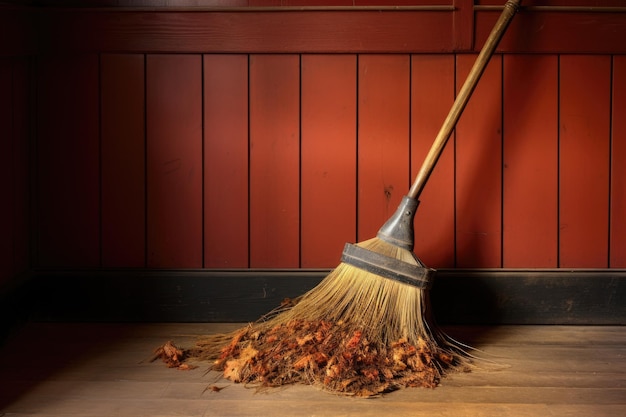 Broom leaning against a freshly swept floor