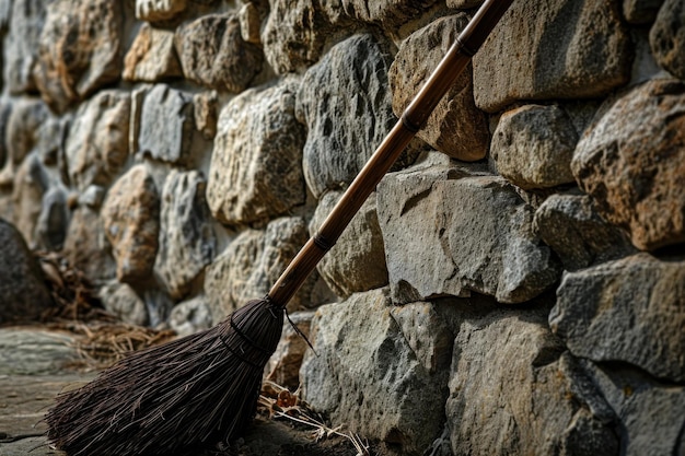 A broom leaning against a stone wall