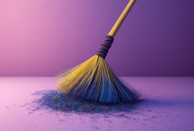 A broom with a blue ribbon on it