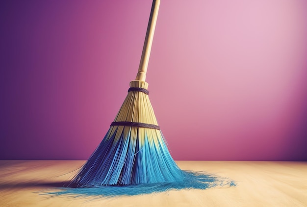 A broom with blue and yellow bristles sits on a wooden floor.