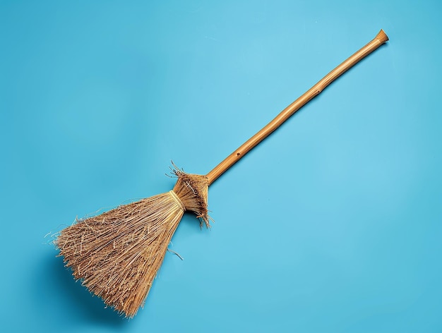 a broom with a wooden handle and a blue background