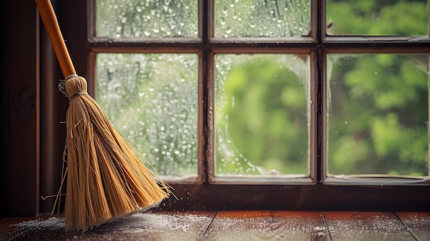 Broomstick by the window with ice on the glass in spring