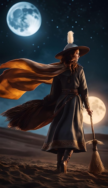 Broomstick Flight Over the Moon Halloween Wallpaper