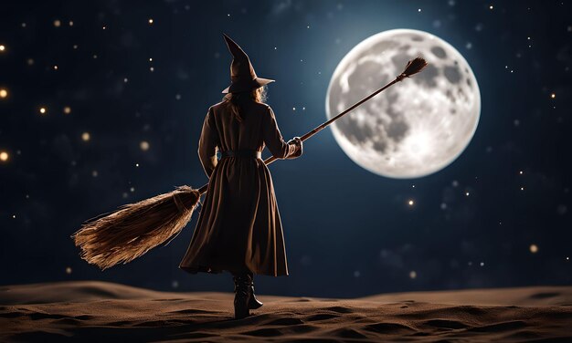 Broomstick Flight Over the Moon Halloween Wallpaper