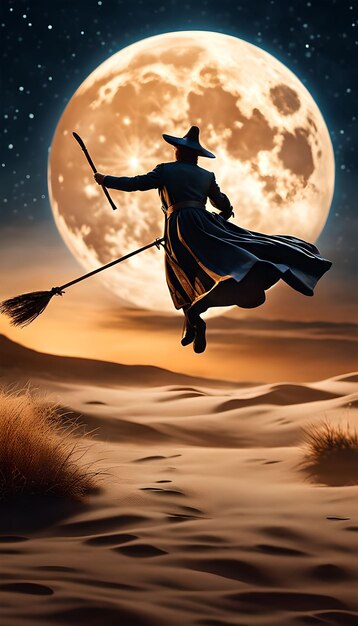 Broomstick Flight Over the Moon Halloween Wallpaper