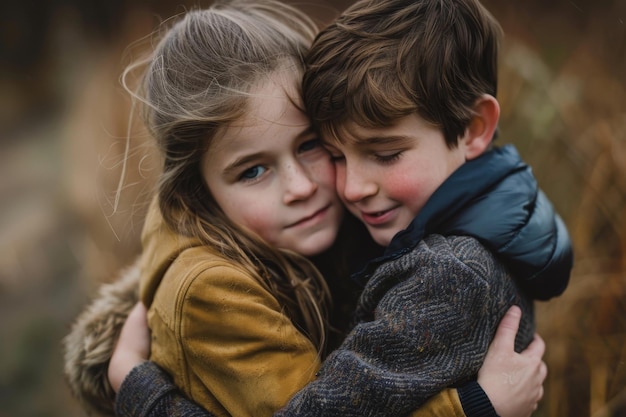 Photo a brother and sister hug tightly showing their love and affection for each other a brother and sister hugging tightly showing their bond