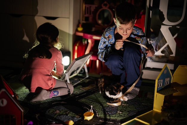 Brother and sister playing with kitty at home during a blackout using alternative lighting