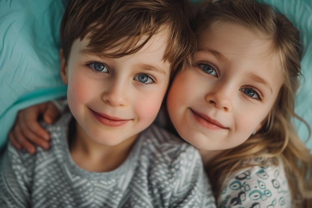 Brother and Sister in Soft Aqua Background with Coordinated Outfits Joyful and Cheerful Family Fashion Vibrant Moments