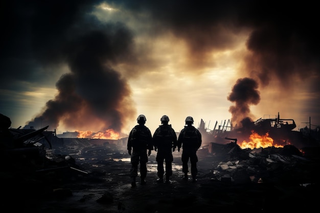 Brothers in arms resilient soldiers confronting the devastation of war beneath somber smoky skies