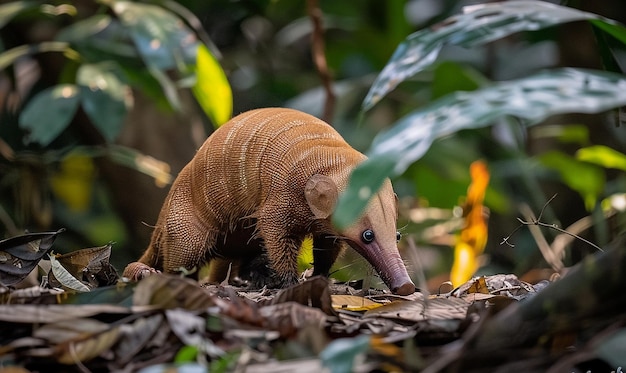 a brown animal with a long beak is on a branch with leaves and a few leaves