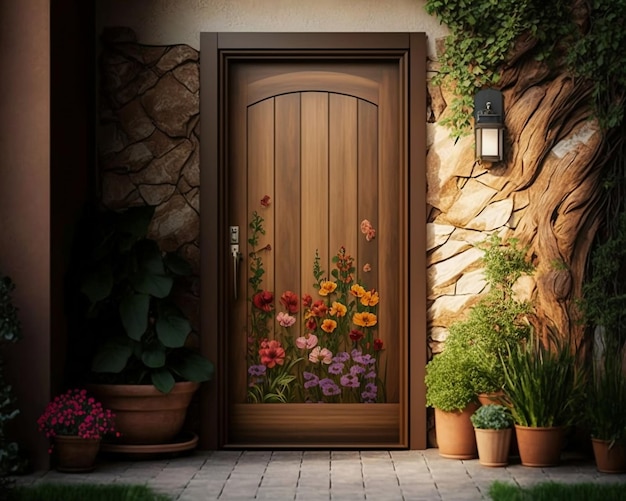 Brown automatic wooden entry door with flower garden generative AI