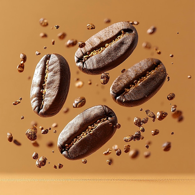 a brown background with coffee beans and coffee beans