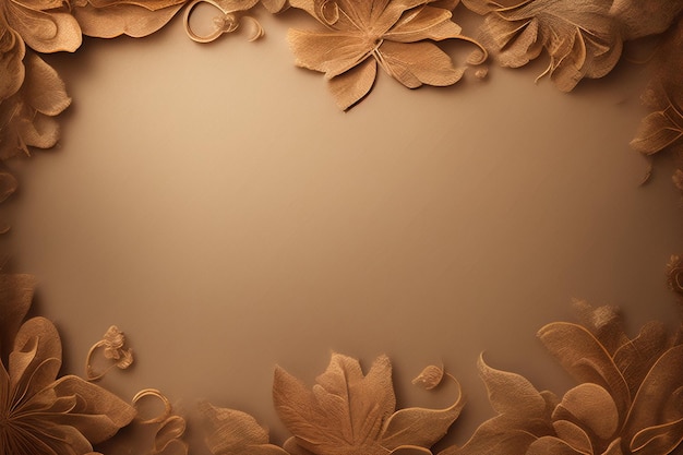 A brown background with leaves and a white circle in the center.