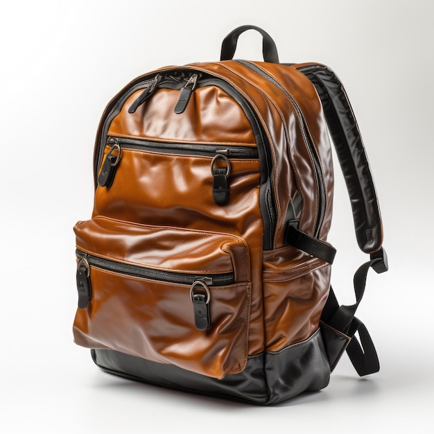 brown backpack ready for first day of school on white background