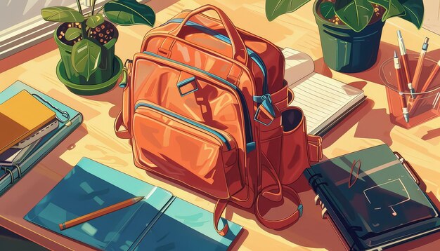 Photo a brown backpack sits on a desk with a potted plant and a few notebooks