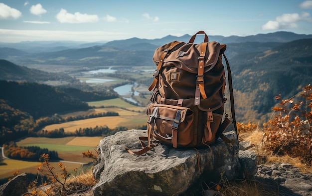 A brown backpack sitting on top of a rock AI