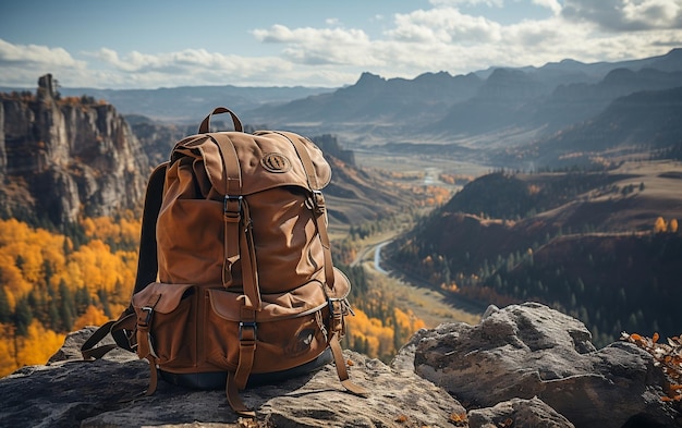 A brown backpack sitting on top of a rock AI