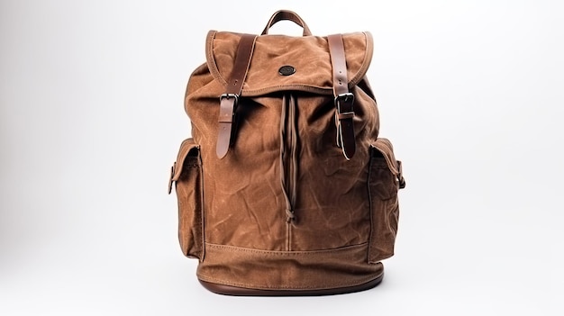 A brown backpack with a leather strap and the word travel on it.