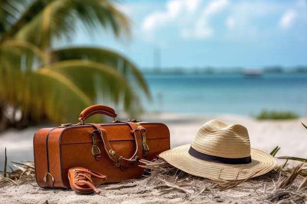 A brown bag and a hat on a beach