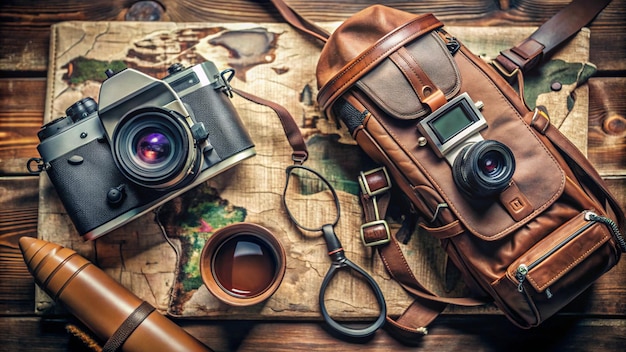 a brown bag with a camera and a camera on it