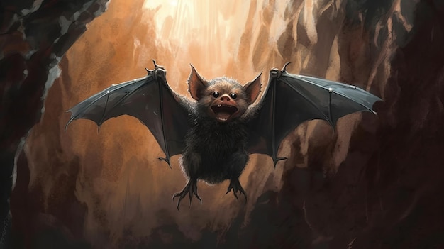 A brown bat hanging upsidedown in a cave AI generated