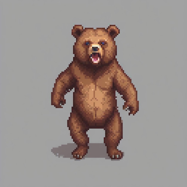 Photo brown bear in action standing tall with an open mouth pixel art style