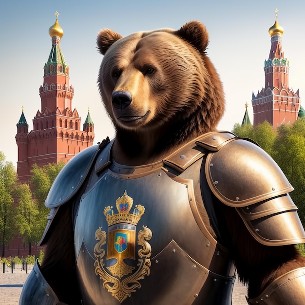 Brown bear in armor against the background of the Moscow Kremlin Generative AI