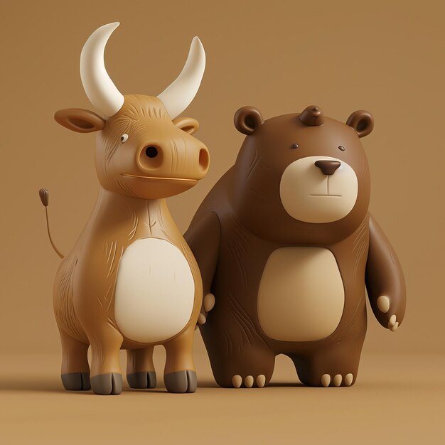 Photo brown bear and brown cow or bull are standing next to each ot