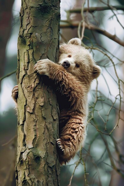 Brown Bear Climbing Tree in Forest