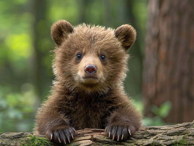 a brown bear cub is on a log with his paws on a log