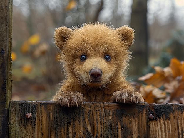 a brown bear cub is on a wooden post with a tag that says  bear