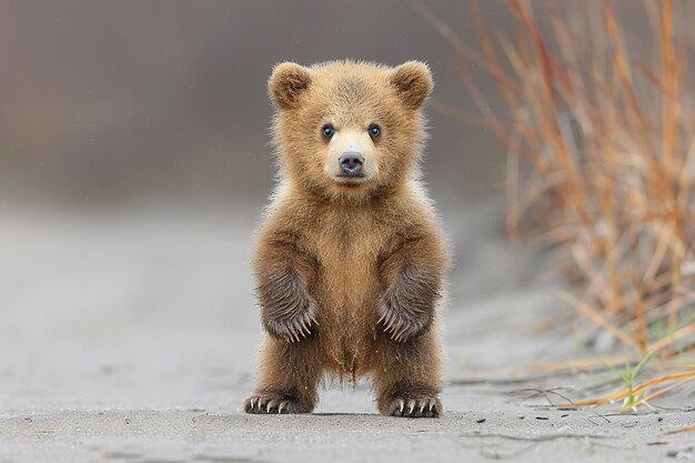 Photo a brown bear cub stands on a dirt path