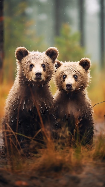 The Brown Bear Cubs Standing Together Large Copyspace