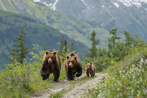 Photo brown bear family walking along a scenic mountain trail