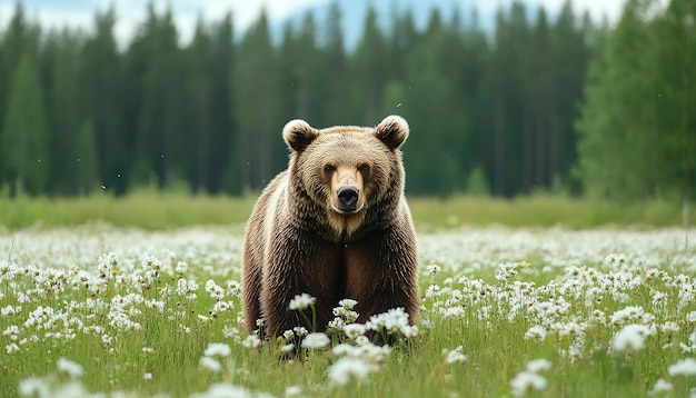 Photo a brown bear in a field of flowers with trees in the background