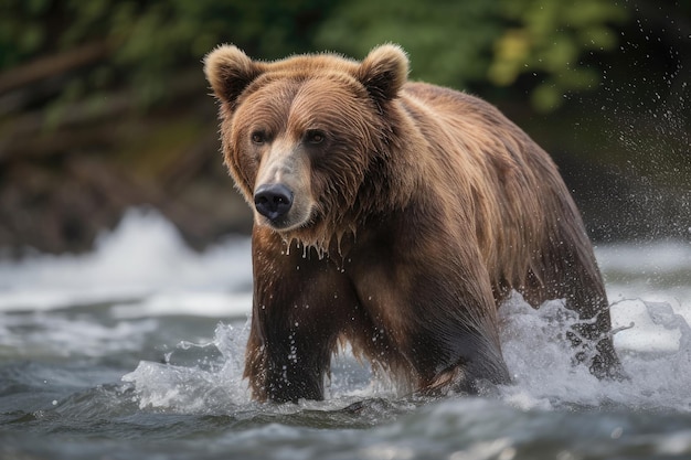 Brown Bear Fishing For Salmon In A Rushing River Generative AI