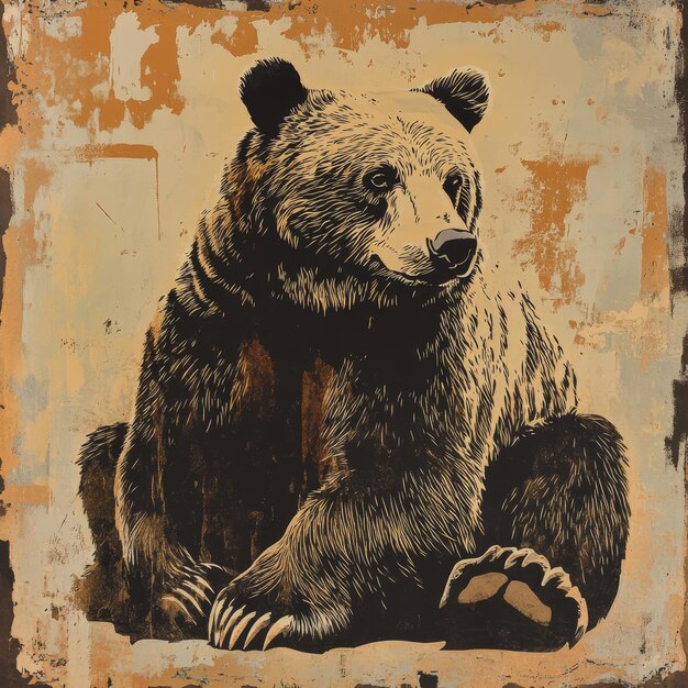 Photo brown bear on a grunge background vintage style vector illustration