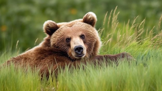 A brown bear is laying in a field.