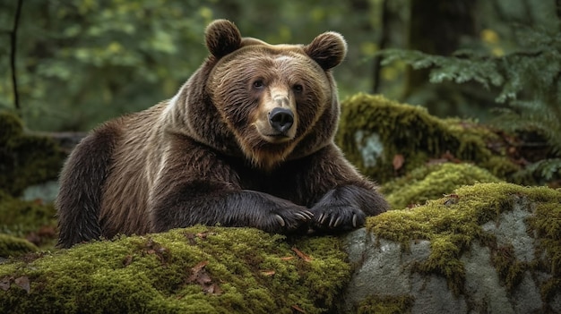 A brown bear is laying on a mossy rock.