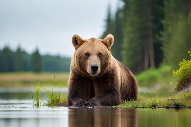 A brown bear is lying on the grass and is looking at the camera.