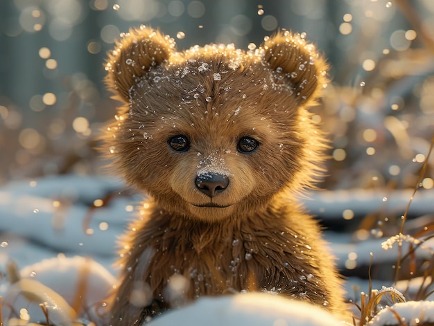 a brown bear is sitting in the snow with snow on its face