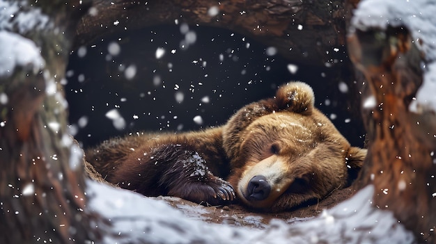 a brown bear is sleeping in the snow