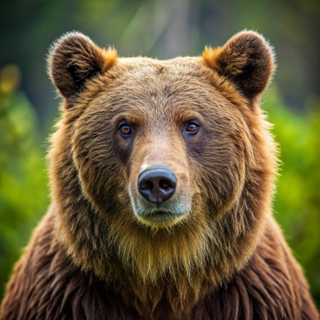 a brown bear is standing in front of some trees